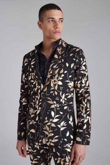 Foil Leaf Print Slim Blazer Jacket