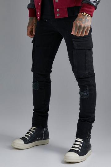 Black Skinny Stretch Cargo Jeans With Zip Cuff