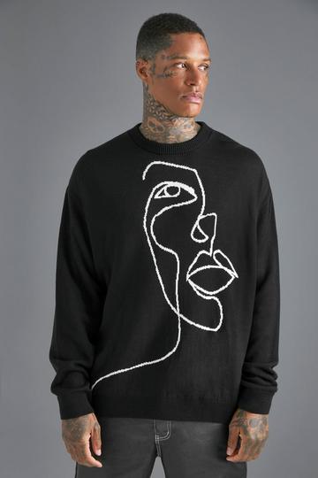 Black Oversized Scribble Face Knitted Jumper