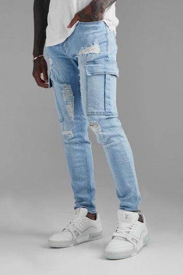 Skinny Stretch Rip & Repair Bandana Cargo Jeans ice blue