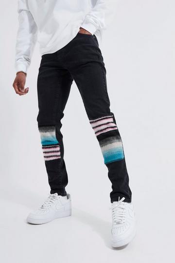 Black Skinny Stretch Brushed Fabric Patchwork Jeans