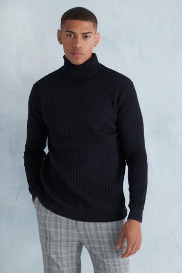 Black Smart Popcorn Texture Roll Neck Jumper