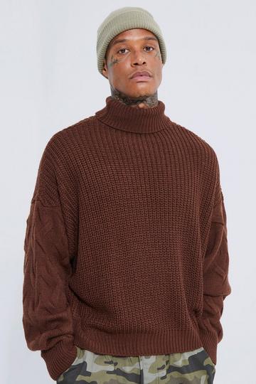 Boxy Fisherman Knitted Jumper With Cable Sleeves chocolate