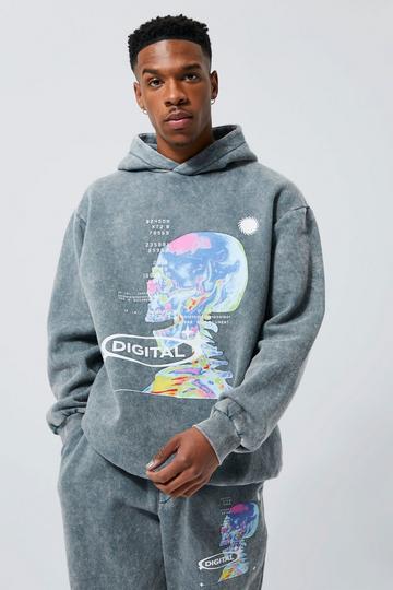 Oversized Washed Graphic Hoodie charcoal