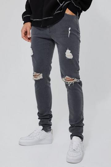 Grey Tall Skinny Stretch Exploded Knee Ripped Jeans