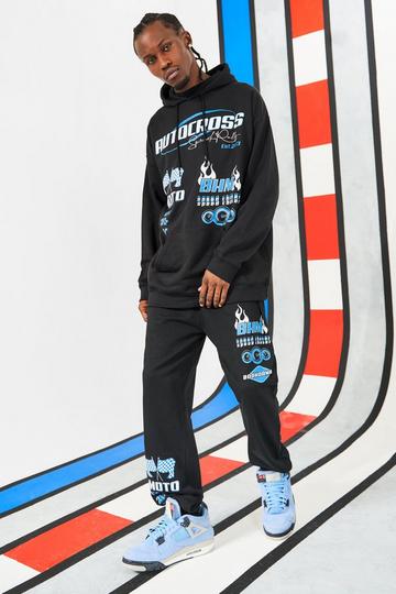 Black Oversized Autocross Moto Multi Print Hoodie Tracksuit