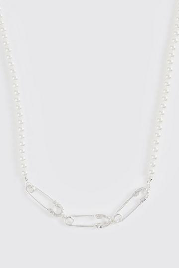 Iced Safety Pin Pearl Necklace white