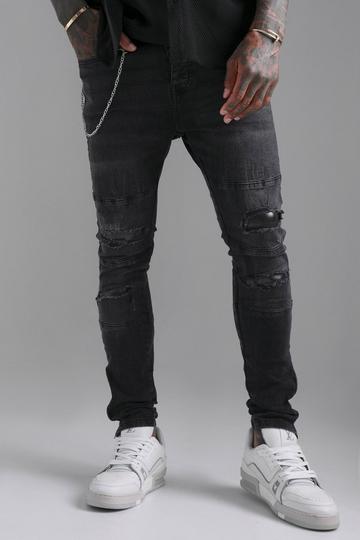 Black Skinny Stretch Ripped Jeans With Chain