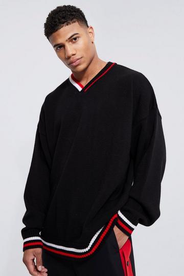 Black Oversized Sport Stripe V Neck Hockey Top