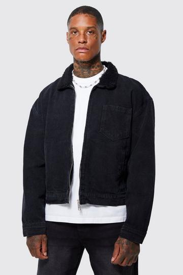 Boxy Borg Collar Denim Jacket With Zip washed black