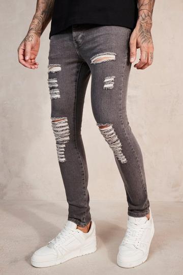 Grey Super Skinny Jeans With All Over Rips