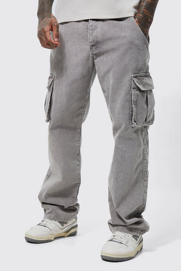 Acid Wash Relaxed Cord Cargo Trousers charcoal