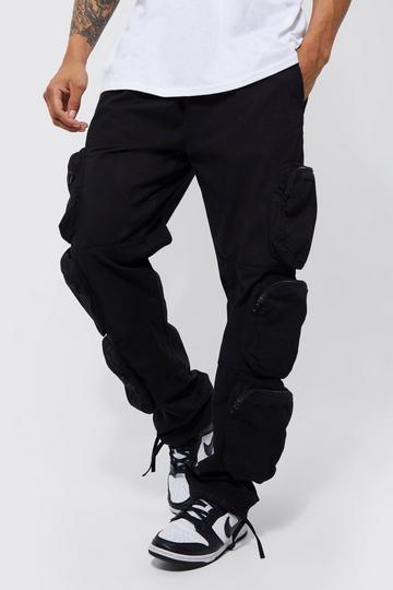 Black Elastic Waist Relaxed 6 Zip Pocket Cargo Pants