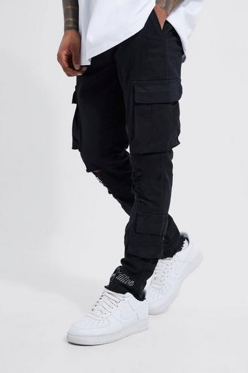 Fixed Waist Skinny Rip And Embroidered Cargo Pants black