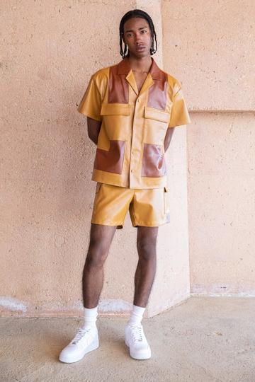 Short Sleeve Boxy Pu Shirt And Short Set tan
