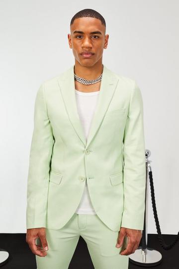 Green Skinny Single Breasted Linen Suit Jacket