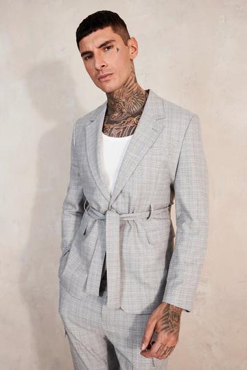 Grey Relaxed Tie Front Cargo Pocket Suit Jacket