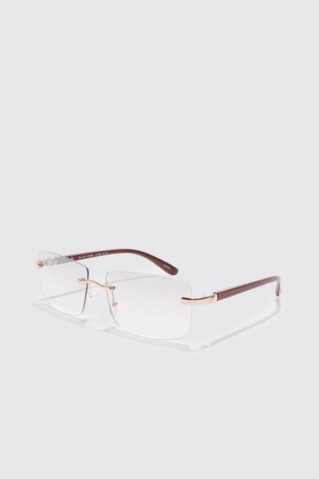 Gold Metallic Rimless Rectangle Lens Sunglasses