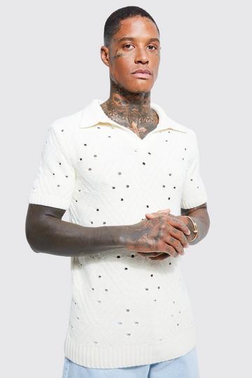 White Diamond Textured Revere Short Sleeve Polo