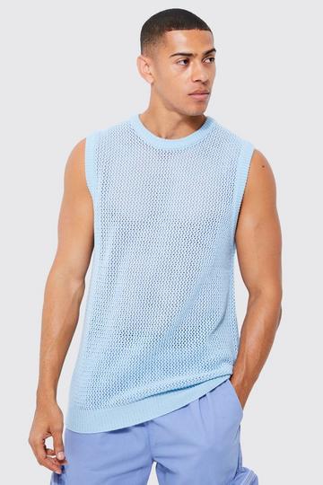 Knitted Oversized Crew Neck Mesh Vest sky blue