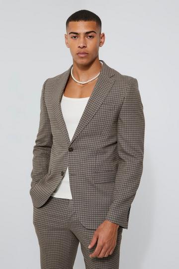 Skinny Single Breasted Dogstooth Suit Jacket brown
