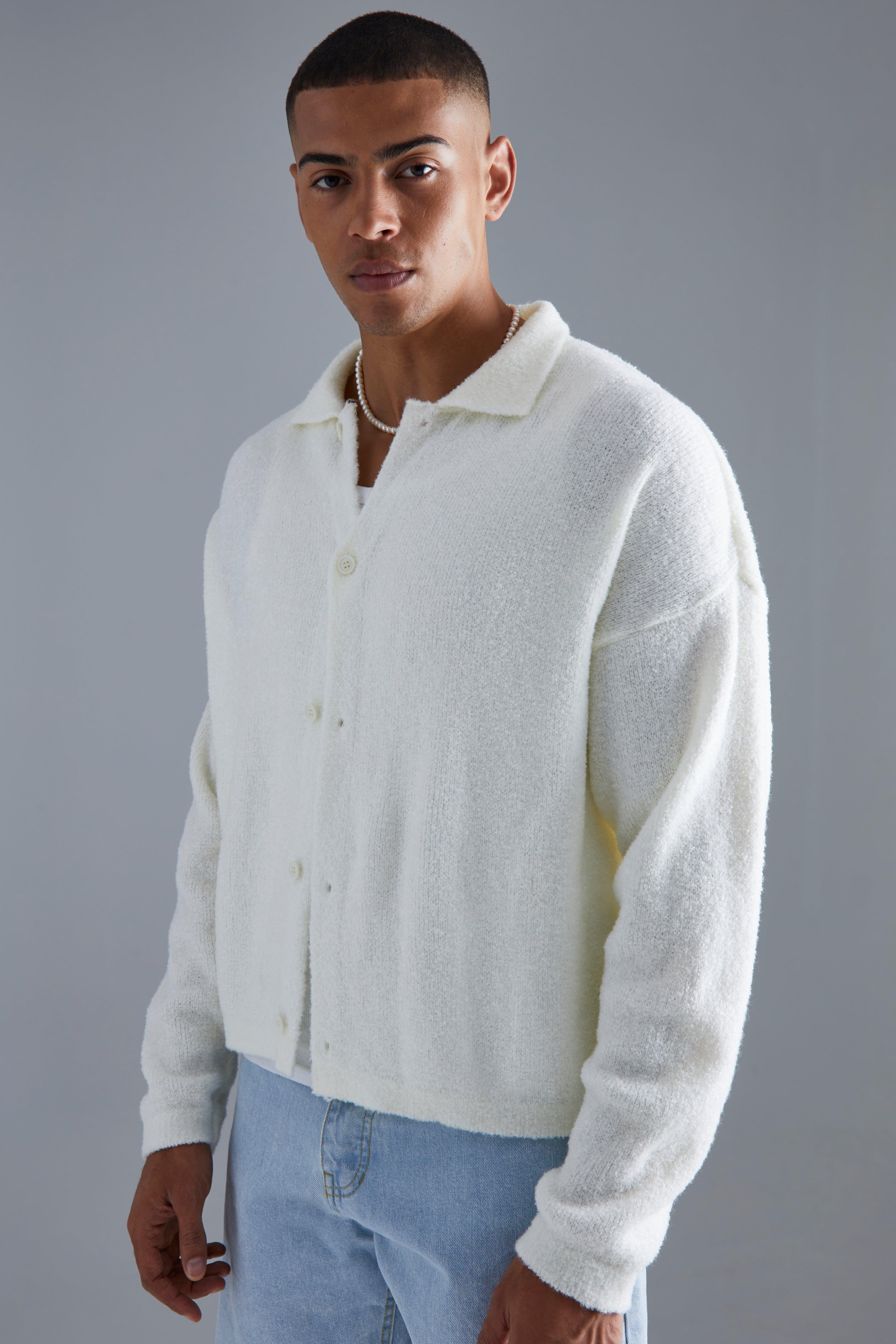 Open Stitch Button Down Knitted Shirt In Cream | boohooMAN USA