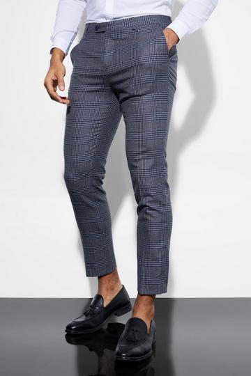 Skinny Fit Cropped Check Suit Trousers navy