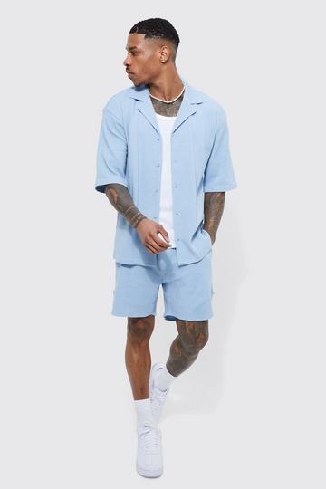 Blue Double Knit Jersey Texture Short Sleeve Shirt And Short