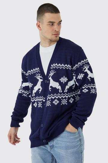 Tall Reindeer Fairisle Christmas Cardigan navy