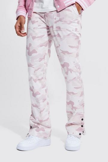 Pink Fixed Waist Slim Flare Cargo Camo Trouser