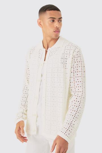 White Oversized Long Sleeve Crochet Shirt