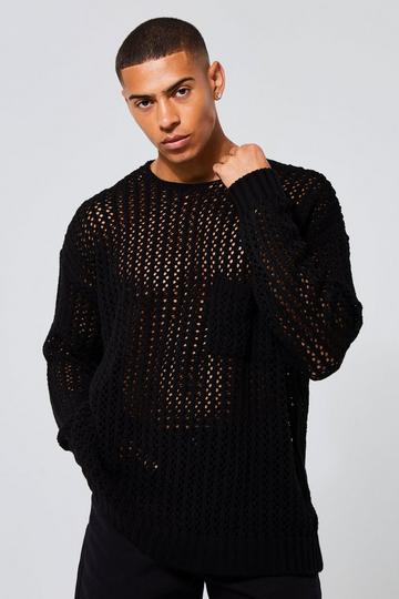 Black Oversized Open Knit Jumper With Pocket
