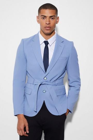 Blue Slim Single Breasted Blazer With Belt