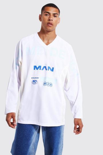 Man V-neck Raglan Mesh Long Sleeve T-shirt white