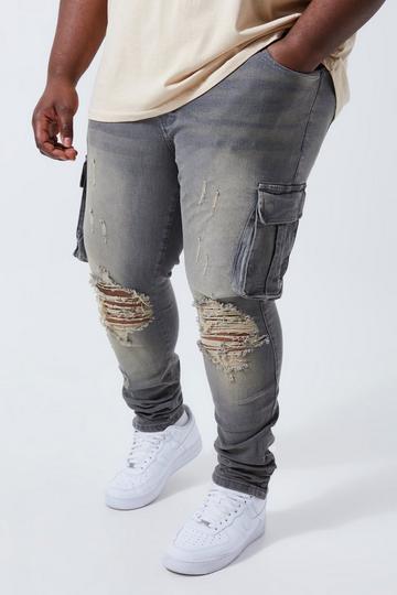 Grey Plus Skinny Stretch Popper Hem Cargo Jeans