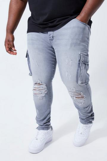 Grey Plus Skinny Stretch Smoked Popper Hem Cargo Jeans