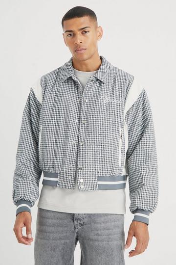 Grey Boxy Check Collared Bomber With Pu Panels