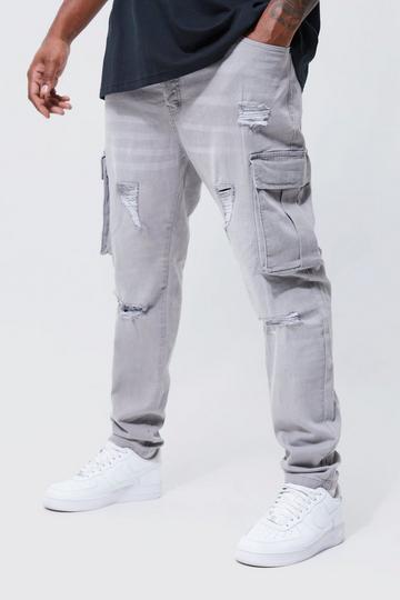 Grey Plus Skinny Stretch Knee Rip Cargo Jeans