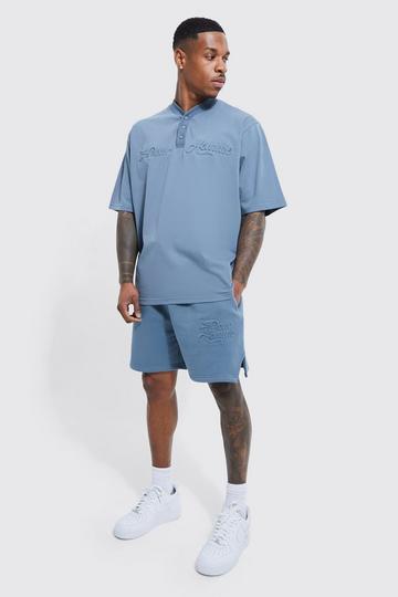 Pour Homme Baseball Embossed Polo & Short Set slate blue