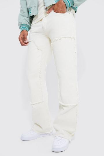 Ecru White Baggy Rigid Flare Jeans With Frayed Worker Panel