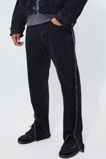 Black Relaxed Fit Frayed Seam Jeans With Split Hem