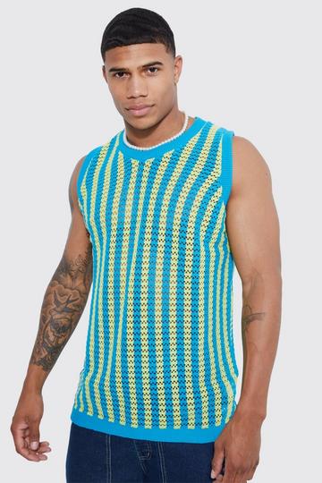 Striped Oversized Crochet Vest blue