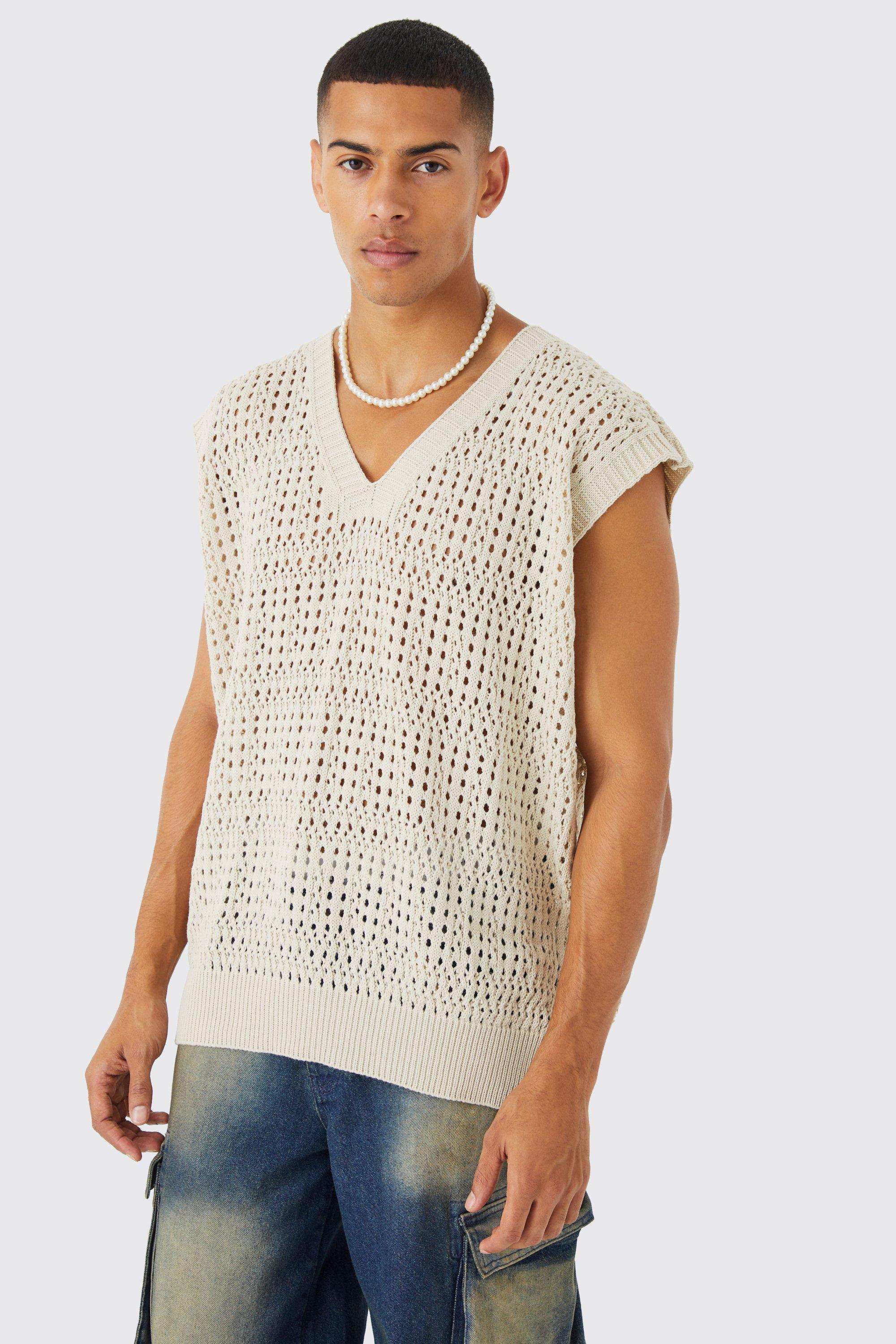 Men's Knitted Oversized Crew Neck Mesh Vest | Boohoo UK