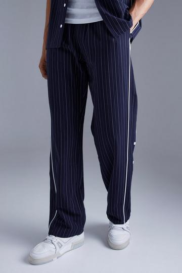 Navy Elasticated Waist Piped Pinstripe Relaxed Popper Trouser