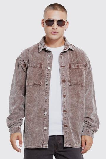 Oversized Long Sleeve Acid Wash Corduroy Shirt chocolate