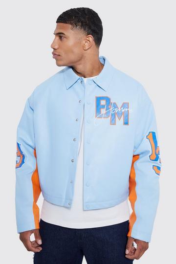 Blue Boxy Pu Varsity Badge Jacket