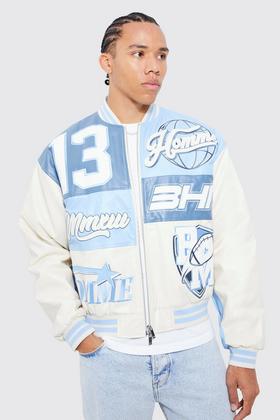 Boxy Pu Tonal Badge Varsity Jacket