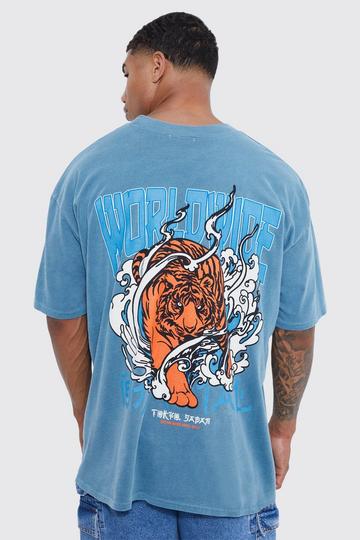 Oversized Worldwide Tiger Wash Graphic T-shirt blue