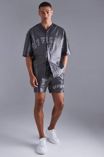 Short Sleeve Oversized Pu Baseball Shirt & Short Set black