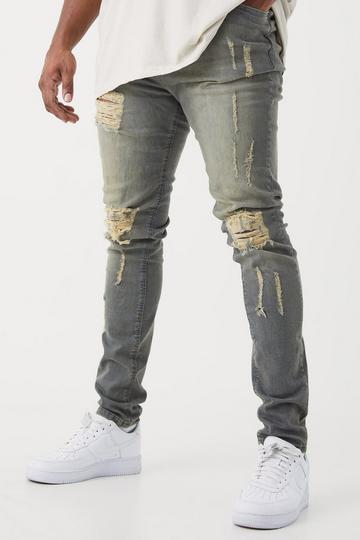 Grey Plus Super Skinny Stretch Multi Rip Stacked Jeans